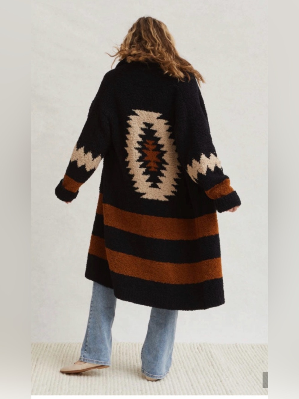 NWT KASHWERE BLACK BROWN AZTEC CHENILLA SHAWL COLLAR CARDIGAN COAT ONE SIZE